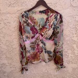 Newport News Vintage Floral Sheer Blouse Pearl Buttons Size Womens 10